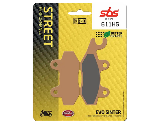 Pastillas de freno delanteras SBS 611HS con compuesto sinterizado para motos deportivas, touring y adventure. Frenado potente, estable y confiable. Motos Aprilia Honda Kawasaki Suzuki Triumph.