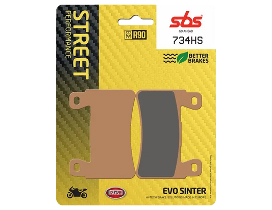 Pastillas de freno delanteras SBS 734HS con compuesto sinterizado para motos deportivas, touring y adventure. Frenado potente, estable y confiable.